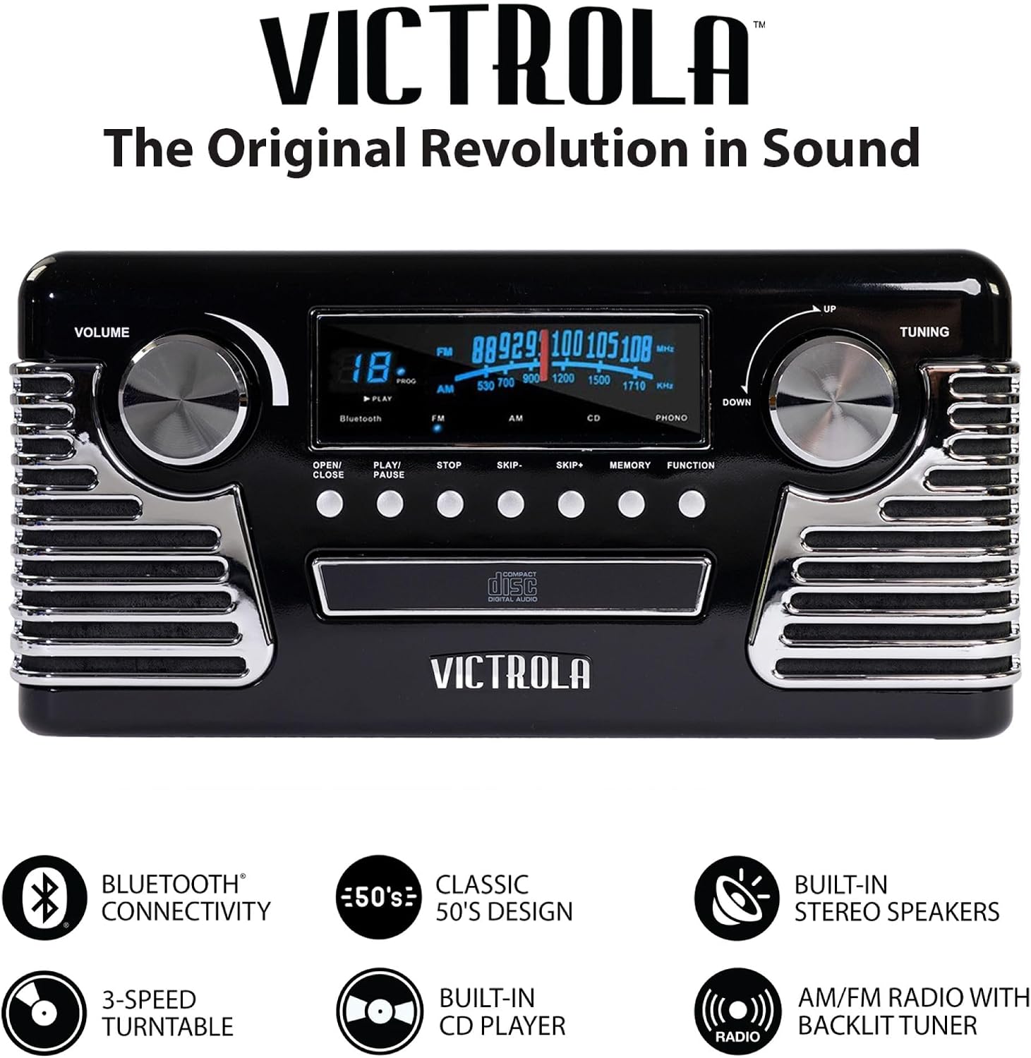 Victrola Haley Retro Bluetooth Record Player & Multimedia Center with Built-in Speakers - 3-Speed Turntable, CD Player, AM/FM Radio, 3.5mm Aux-In, Wireless Music Streaming, Black