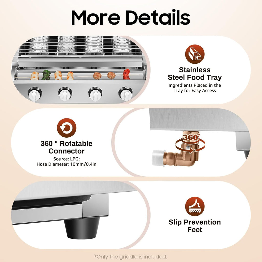 4 Burner Flat Top Gas Griddle,Portable Propane Griddle with Electronic Ignition,Tabletop Gas Grill for Outdoor Camping Cooking BBQ,Adjustable Grille Height