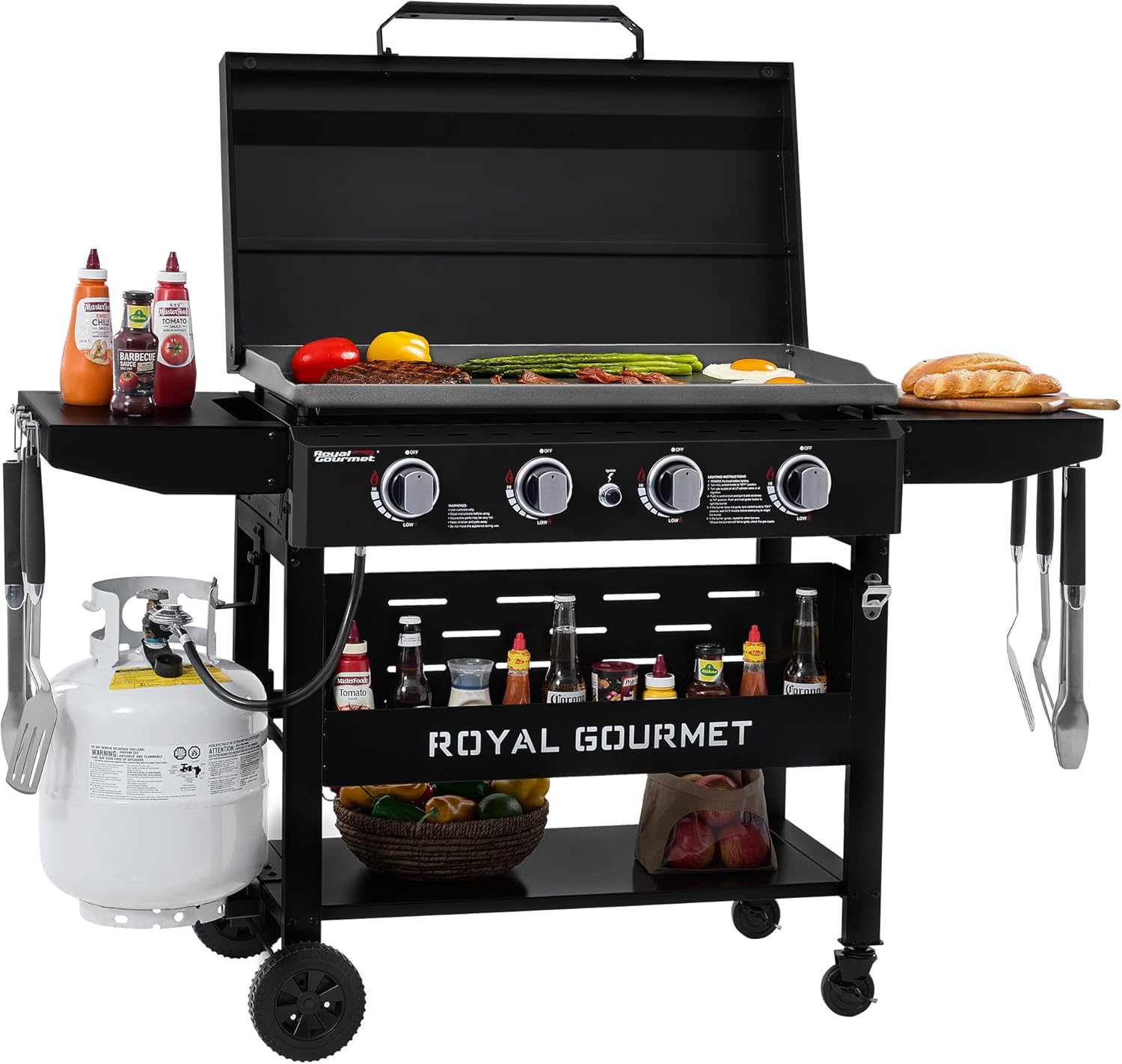 Royal Gourmet GB4000PB 4-Burner Gas Griddle with Hood, Griddle with Collapsible Side Shelves, 52,000 BTU, 582 Sq. In. Cooking Area, Electronic Ignition, Swivel Wheels with Brakes, Black