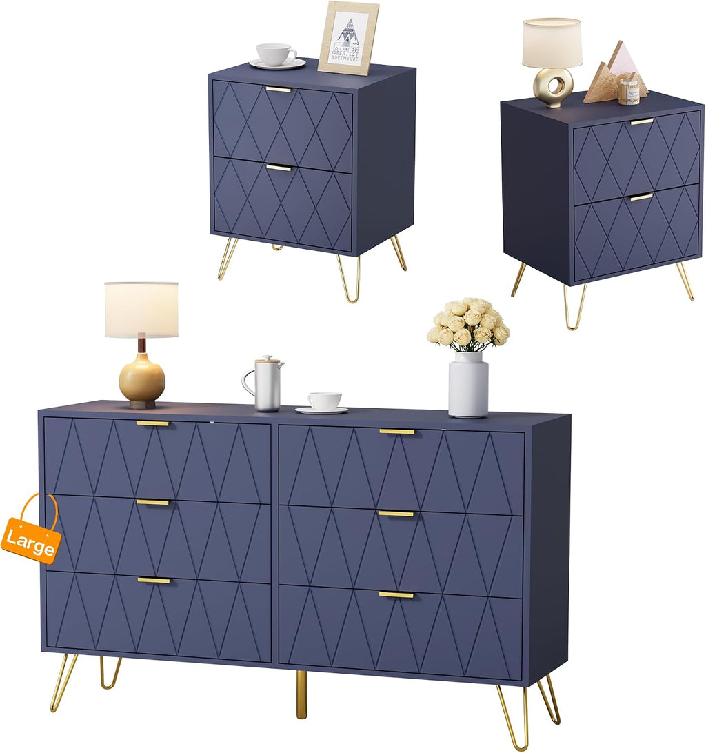 Anbuy Bedroom Sets Navy Blue Sets 3Pcs 6 Drawer Dresser and Night Stand Sets for Bedroom, Two Drawers Nightstand Set of 2 & 6 Drawer Dresser Combo 3 Pieces (Navy Blue)