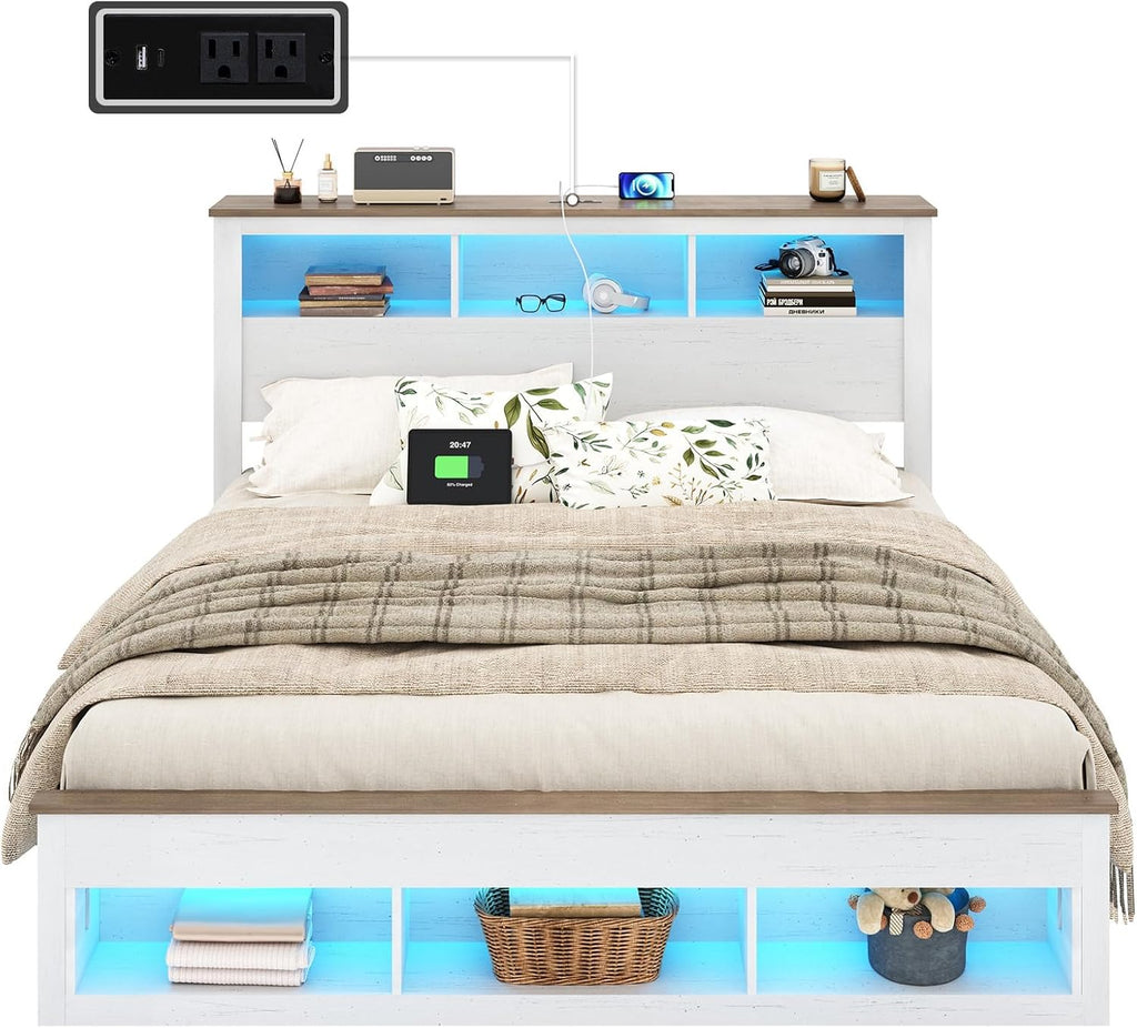 Albott Farmhouse King Size Bed Frame with Storage/Bookcase Headboard & Footboard, Wood Platform Bed with LED Lights/Charging Station, Heavy-Duty Metal Support/No Box Spring Needed/Noise-Free, White