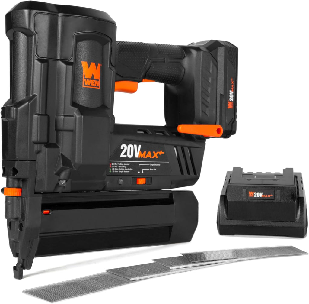 WEN 20V Max Cordless 18-Gauge Brad Nailer with 2.0Ah Battery and Charger (20512) & Arrow BN1832CS 18-Gauge Steel Brad Nails for Molding, Cabinets, Framing, Trim, and Finishing