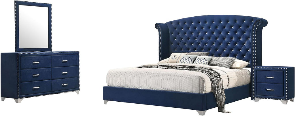 Coaster Home Furnishings Melody Modern Classic 4-Piece Bedroom Set Velvet Upholstered Queen Size Wingback Bed Frame 66-inch Headboard Pacific Blue 223371Q-S4