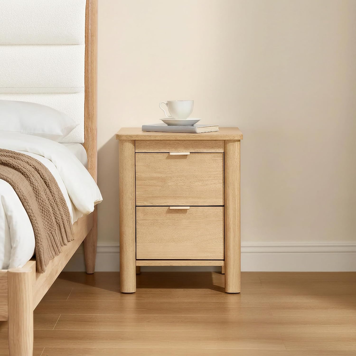 KISLOT 3 Pieces Bedroom Set, Wood Bed Frame with Upholstered Headboard & 2 Nightstands with Storage, Wooden Platform Mattress Foundation Farmhouse Bedroom Furniture Set