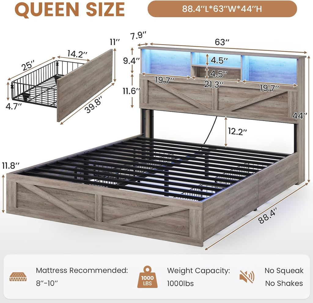 VIAGDO Farmhouse Bed Frame Queen Size with Bookcase Storage Headboard, Charging Station and LED Lights, Wooden Queen Bed Frame with 4 Drawers, Barn Door Design, No Box Spring Needed, No Noise, Grey