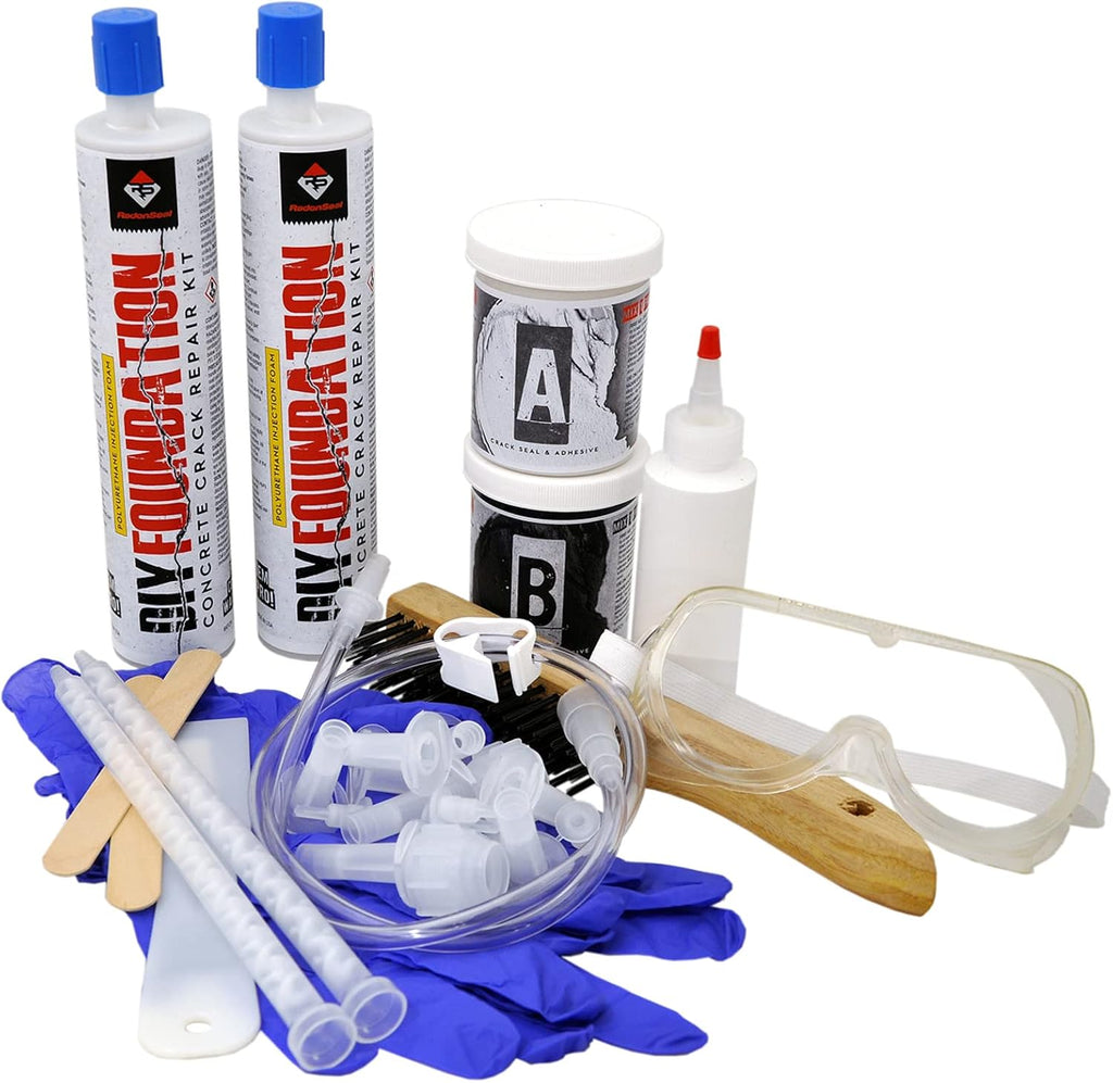 RadonSeal Complete DIY Foundation Crack Repair Kit - 10 Ft - Low-Viscosity Urethane Injection Sealant for Crawl Spaces & Concrete Basement Walls, Stops Water Leaks, Drill-Free Filler