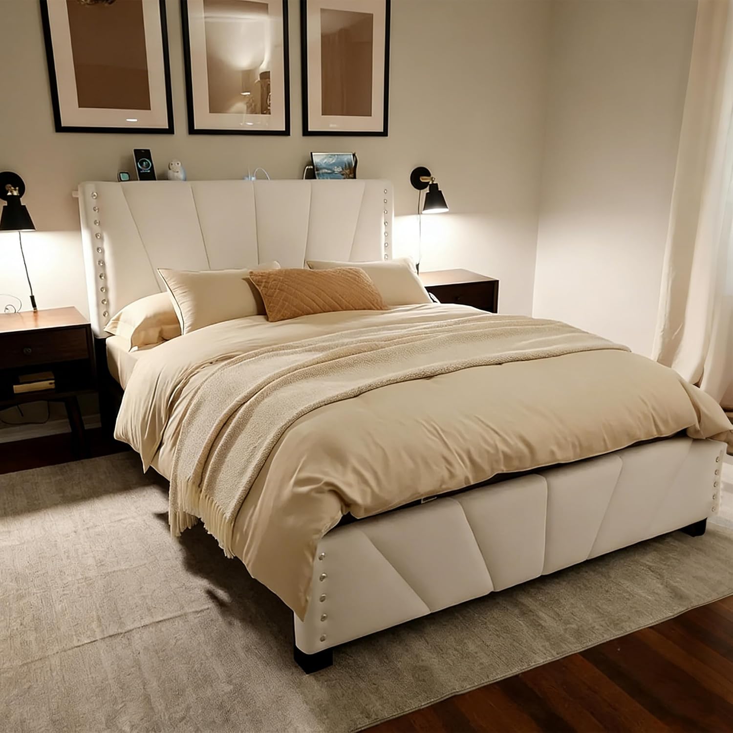 EnHomee Full Size Bed Frame with Velvet Upholstered Adjustable Headboard, LED Lights, and Charging Station for Bedroom, Apartment, and Dorm, No Box Spring Needed, Noise-Free, Easy Assembly, Beige