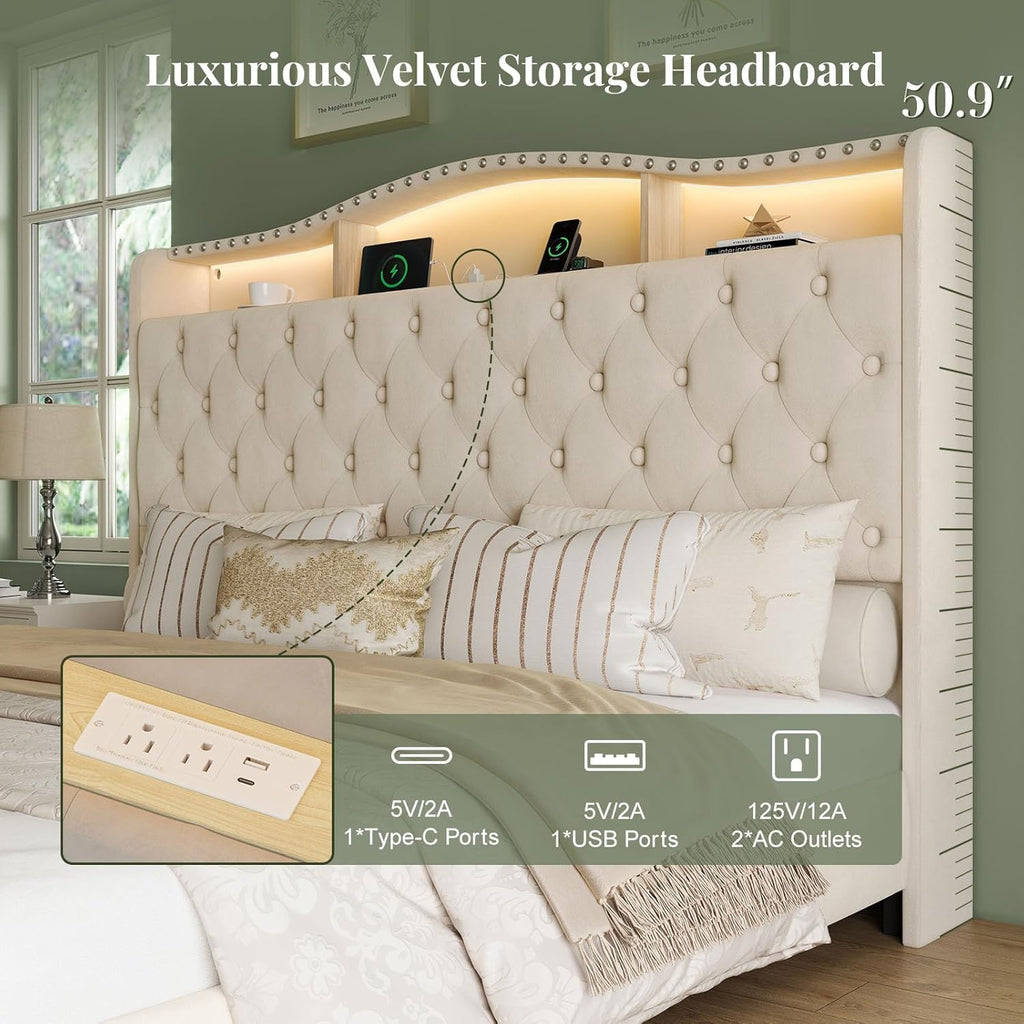 Belffin King Size Bed Frame and Headboard, 50.9' Velvet Upholstered Wingback Bedframe with LED Lights & Storage/Charging Station, Button Tufted Tall Footboard, No Box Spring Needed, Noise-Free, Beige