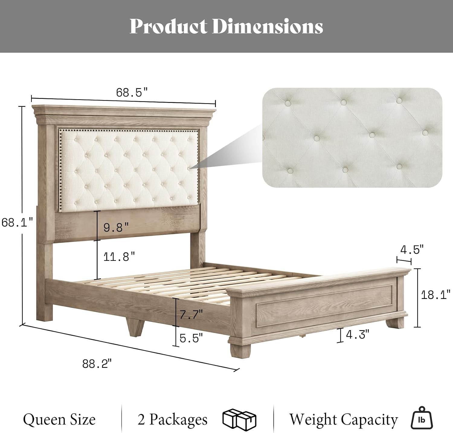 AMERLIFE 68 in Tall Queen Size Bed Frame with Upholstered Headboard, Solid Wood Farmhouse Platform Bed, Bohemian Tufted Wooden Panel Design, Noise-Free, Light Oak
