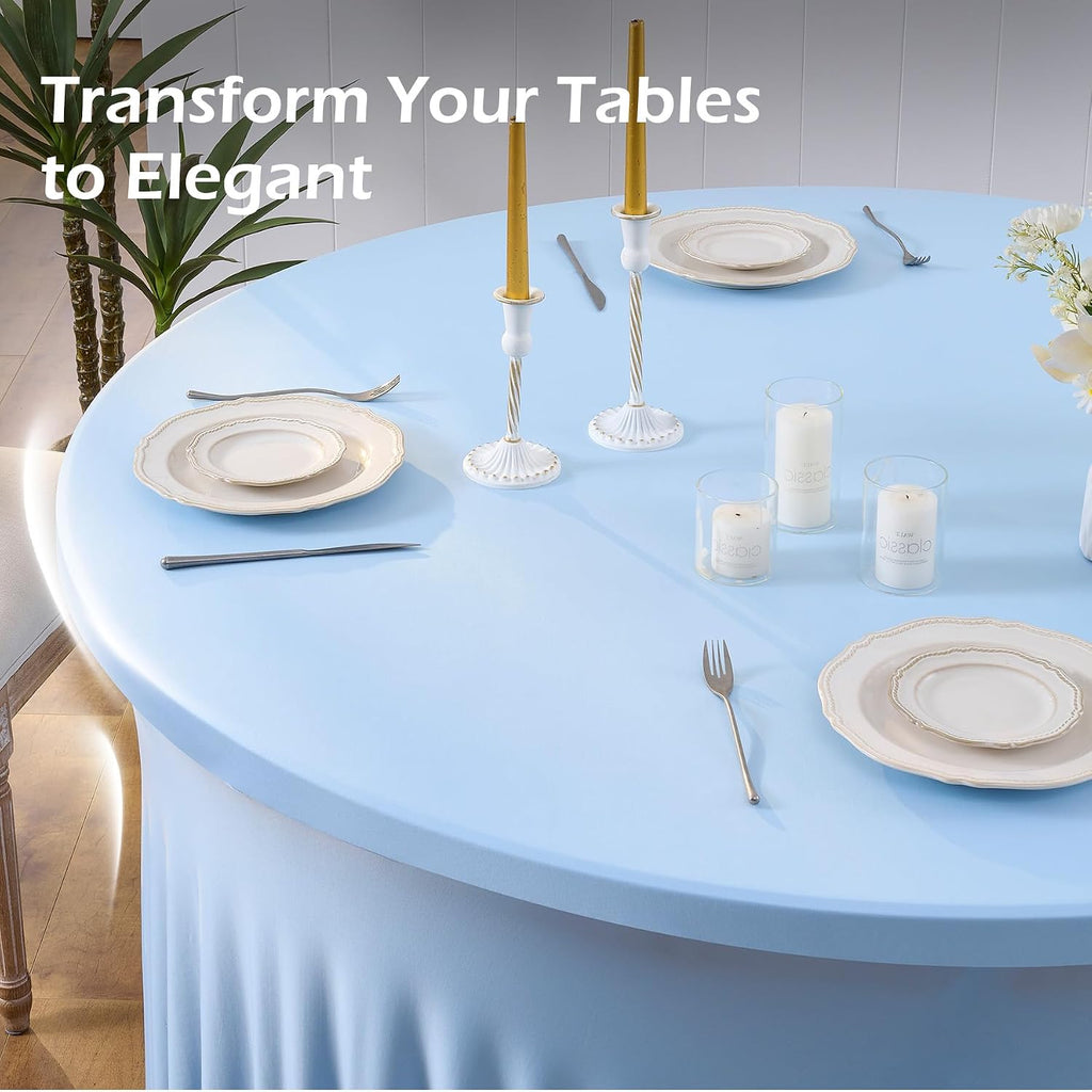 6 pk Blue Round Spandex Tablecloths 60 in with Ruffled Skirt,Wrinkle Free High-Stretch 120 inch Table Cloth Round Fitted 5ft Tables Baby Blue Spandex Table Covers 5ft for Party Wedding Banquet