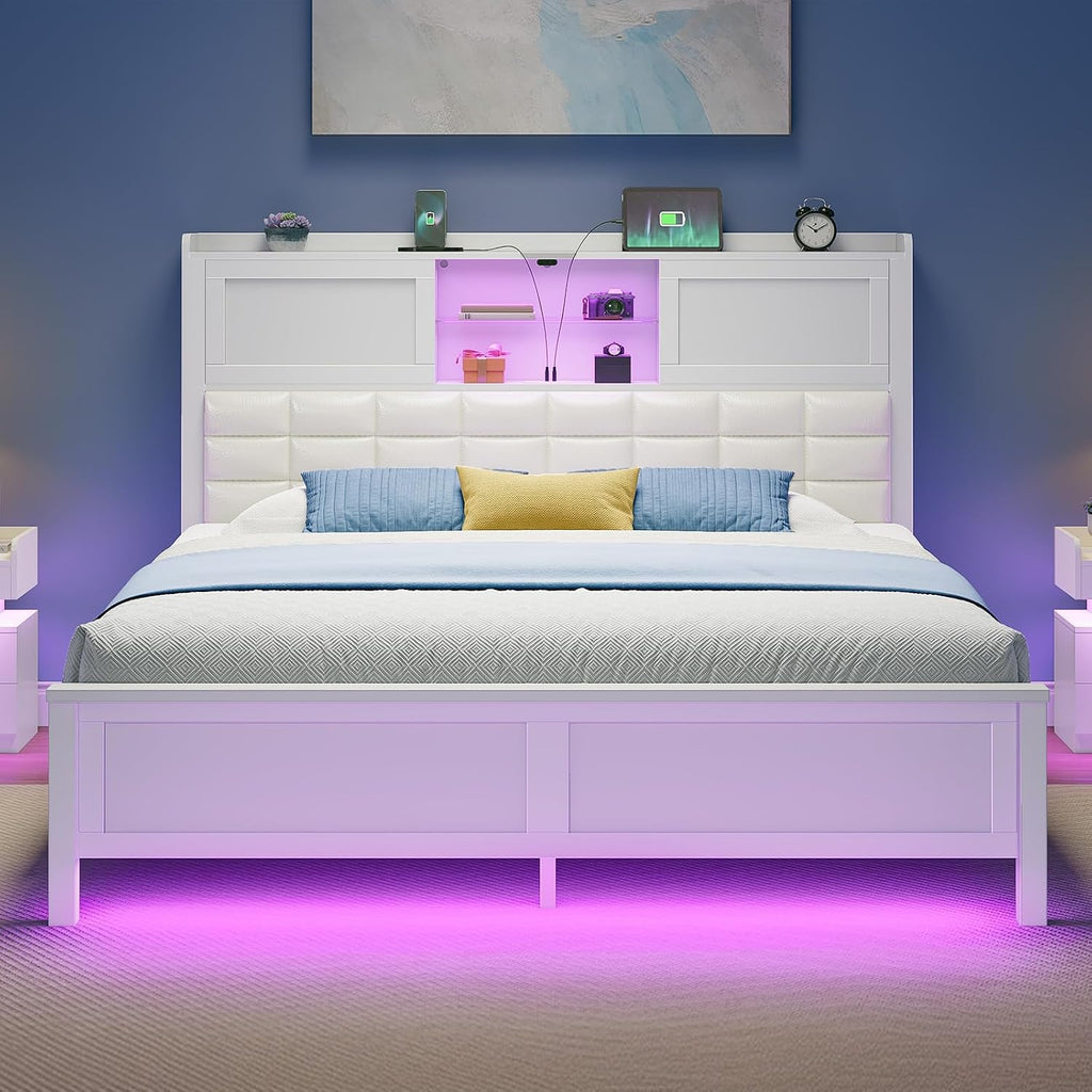 Rolanstar Bed Frame Full Size with Charging Station, Bookcase Headboard Bed with LED Light and Sliding Doors, Platform Bed with Wooden Slats, No Box Spring Needed, Noise Free, White