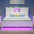 Rolanstar Bed Frame Full Size with Charging Station, Bookcase Headboard Bed with LED Light and Sliding Doors, Platform Bed with Wooden Slats, No Box Spring Needed, Noise Free, White