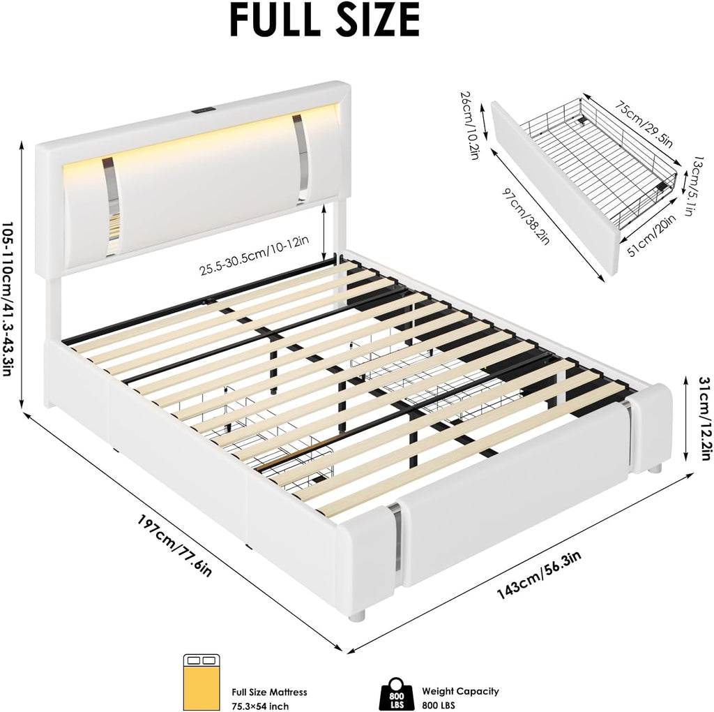 Full Size Bed Frame with RGB LED Lights Headboard & 2 Storage Drawers, Modern Upholstered Faux Leather Smart Platform Bed with Iron Metal Decor, USB & USB-C Charging Ports, No Box Spring Needed, White
