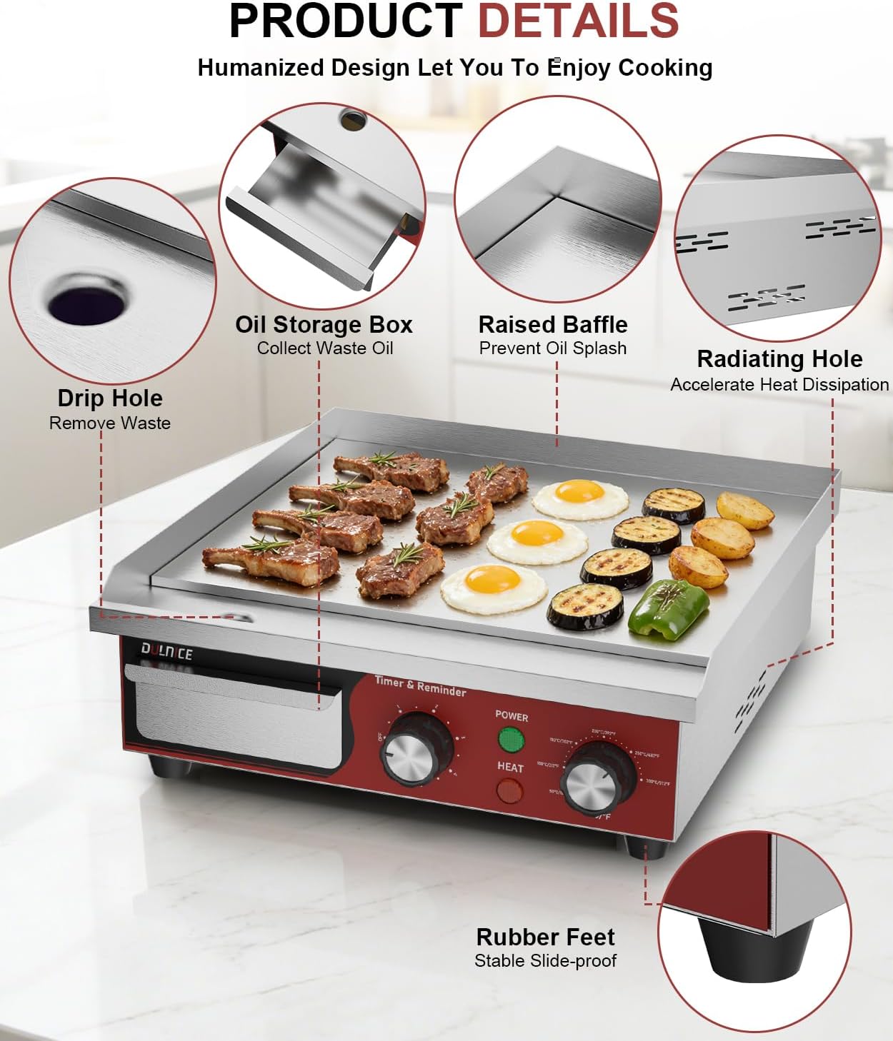 Commercial Electric Griddle 14', 1500W Electric Flat Top Grill with 5 Minute Reminder Timer, 122~572℉Adjustable Temperature Control, Stainless Steel Griddle Grill for Restaurant Kitchen