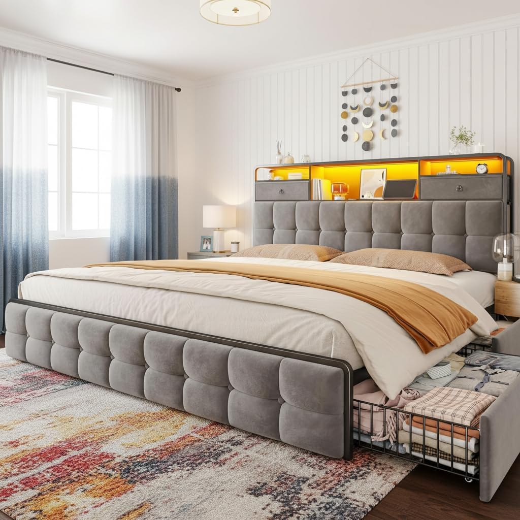 EnHomee Queen Bed Frame with 6 Storage Drawers and Upholstered Headboard,Modern Bed Frame Queen with LED Light and Charging Station,no Box Spring Needed,No Noise, Easy Assembly,Velvet,Sturdy,Grey