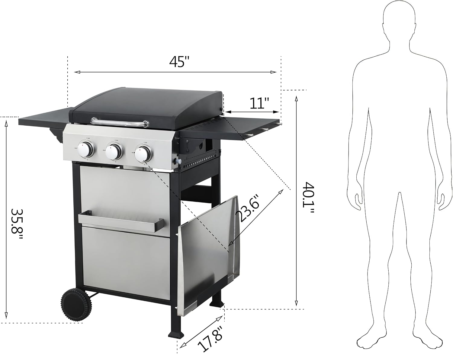 3-Burner Propane Gas BBQ Grill, Portable Outdoor Grill with Stainless Steel Plancha and 36900 BTU Output, Foldable Side Table & Hanging Baskets, Gas for Backyard, Camping and Tailgating (45 IN)