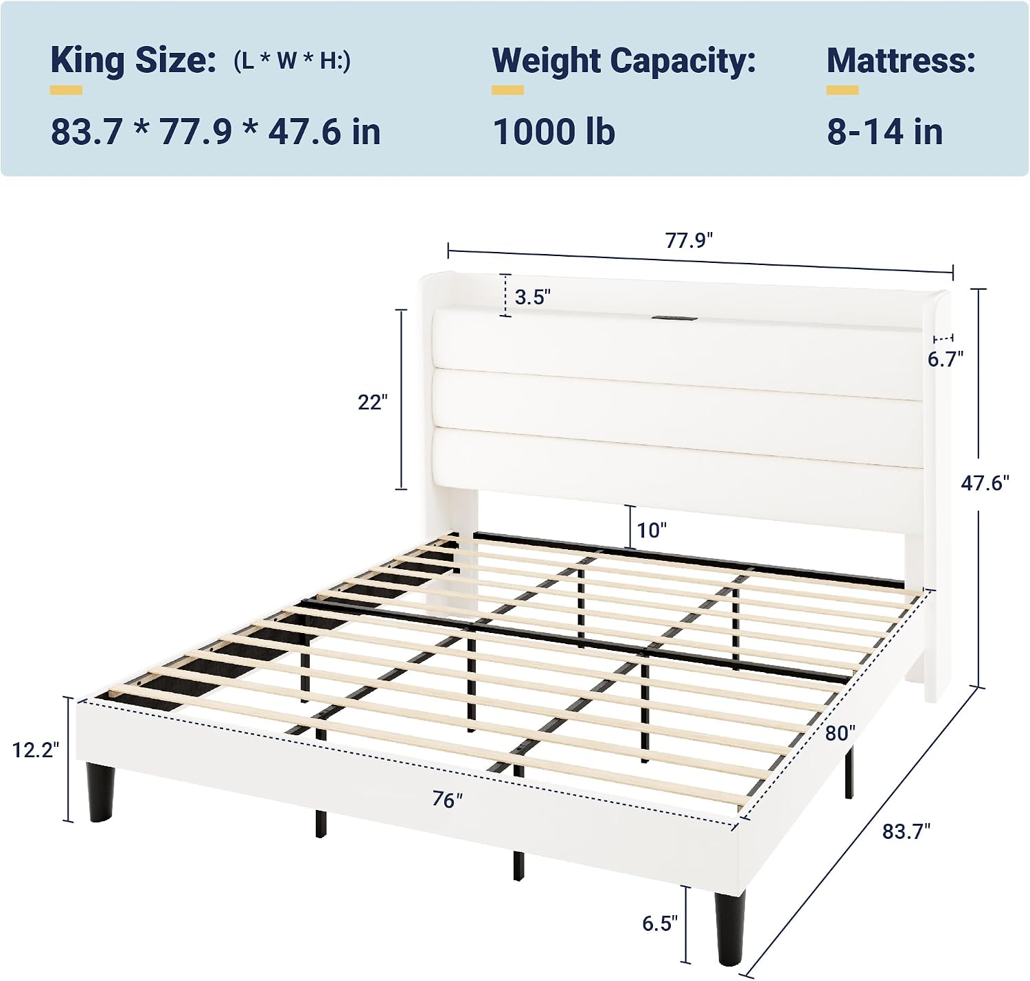 Allewie King Size Upholstered Bed Frame with Charging Station & Storage Headboard, Soft Velvet Wingback Platform Bed, Strong Wooden Slats Support, No Box Spring Needed, Easy Assembly, White