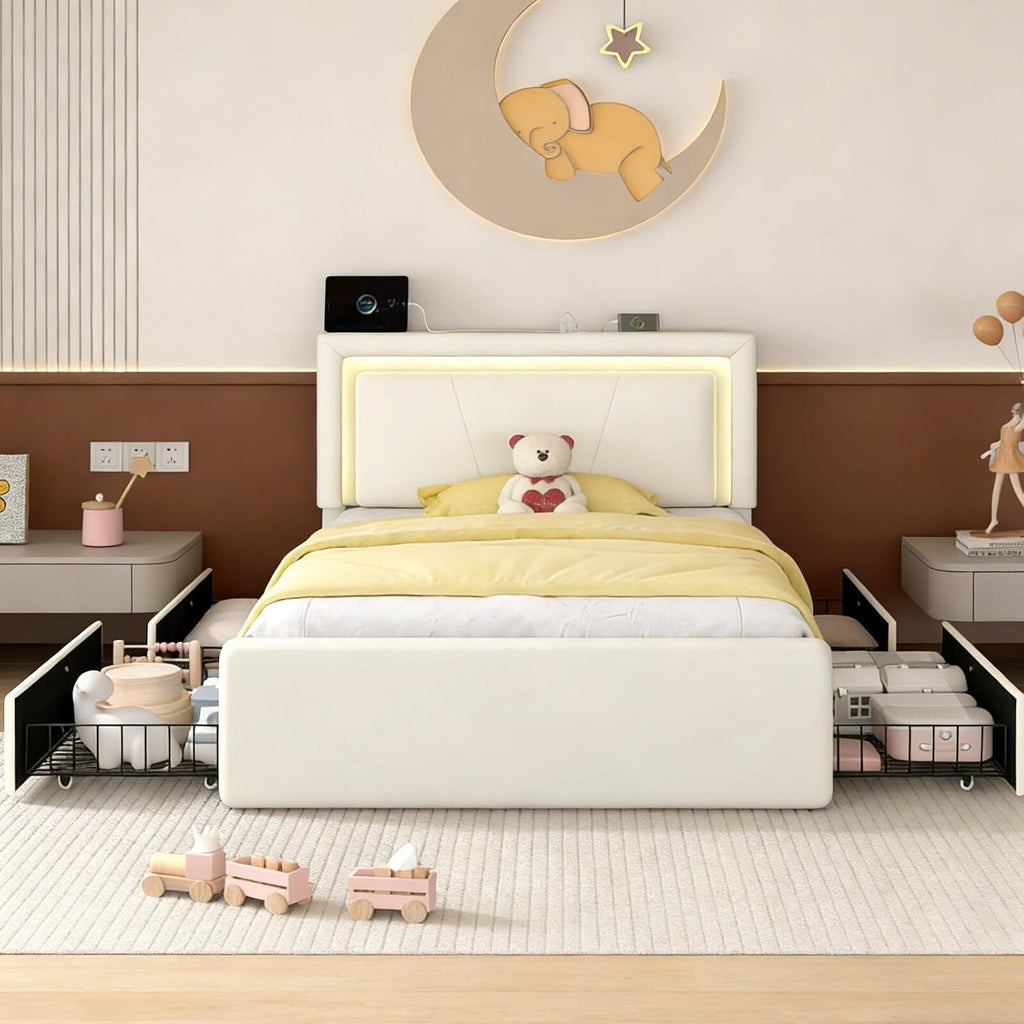Twin Size Bed Frame with 4 Storage Drawers and LED Lights, Upholstered Platform Bed with Adjustable Headboard and Charging Station, Metal Slats Support, No Box Spring Needed,Easy Assembly, White