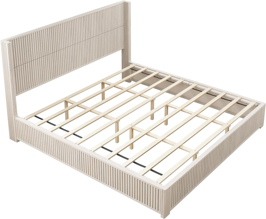 Ball & Cast Fluted King Bed Frame with Wingback Headboard,Solid Wood Platform Bed Frame King Size with Wood Slats, No Box Spring Needed, Easy Assembly,Beige