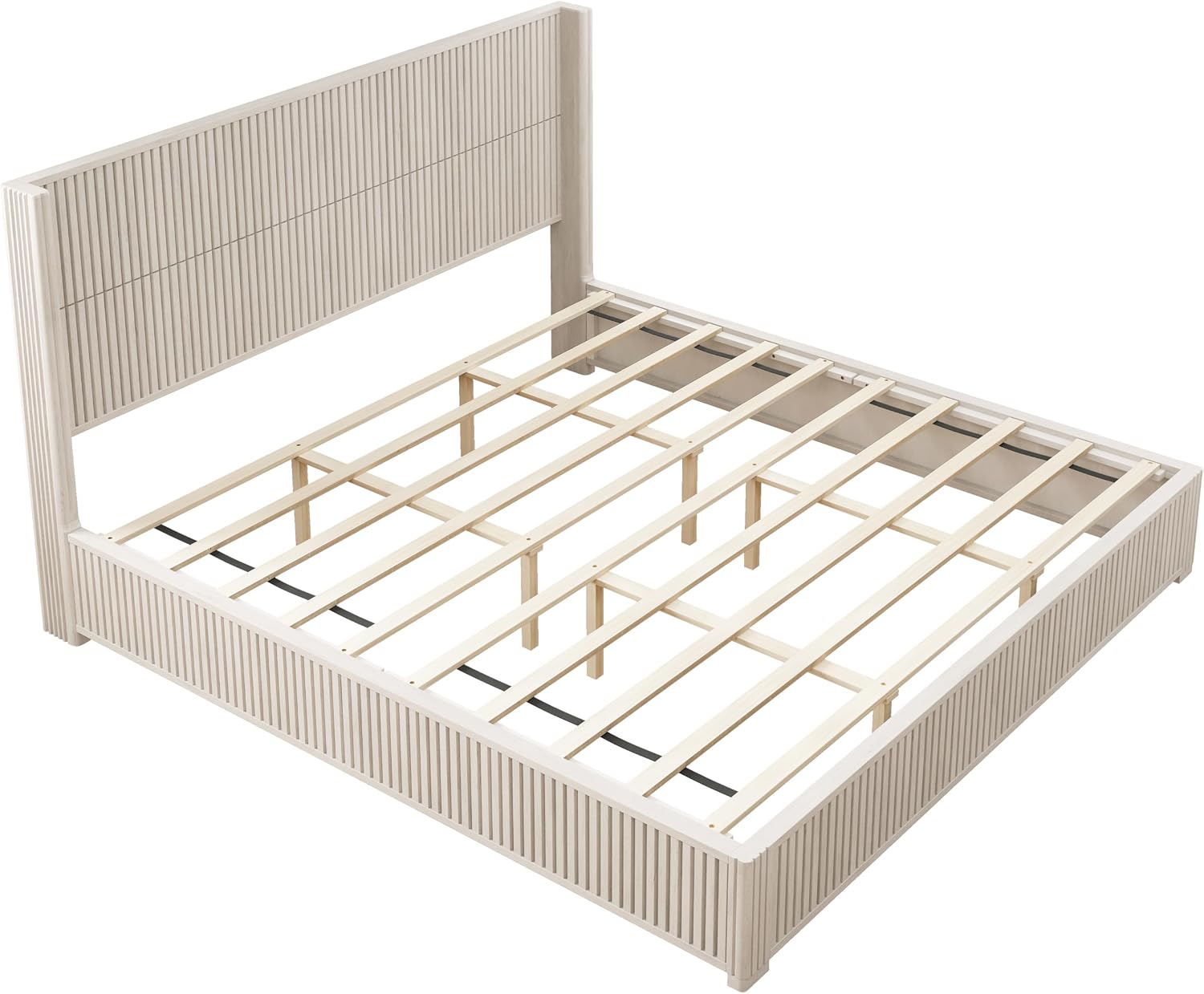Ball & Cast Fluted King Bed Frame with Wingback Headboard,Solid Wood Platform Bed Frame King Size with Wood Slats, No Box Spring Needed, Easy Assembly,Beige