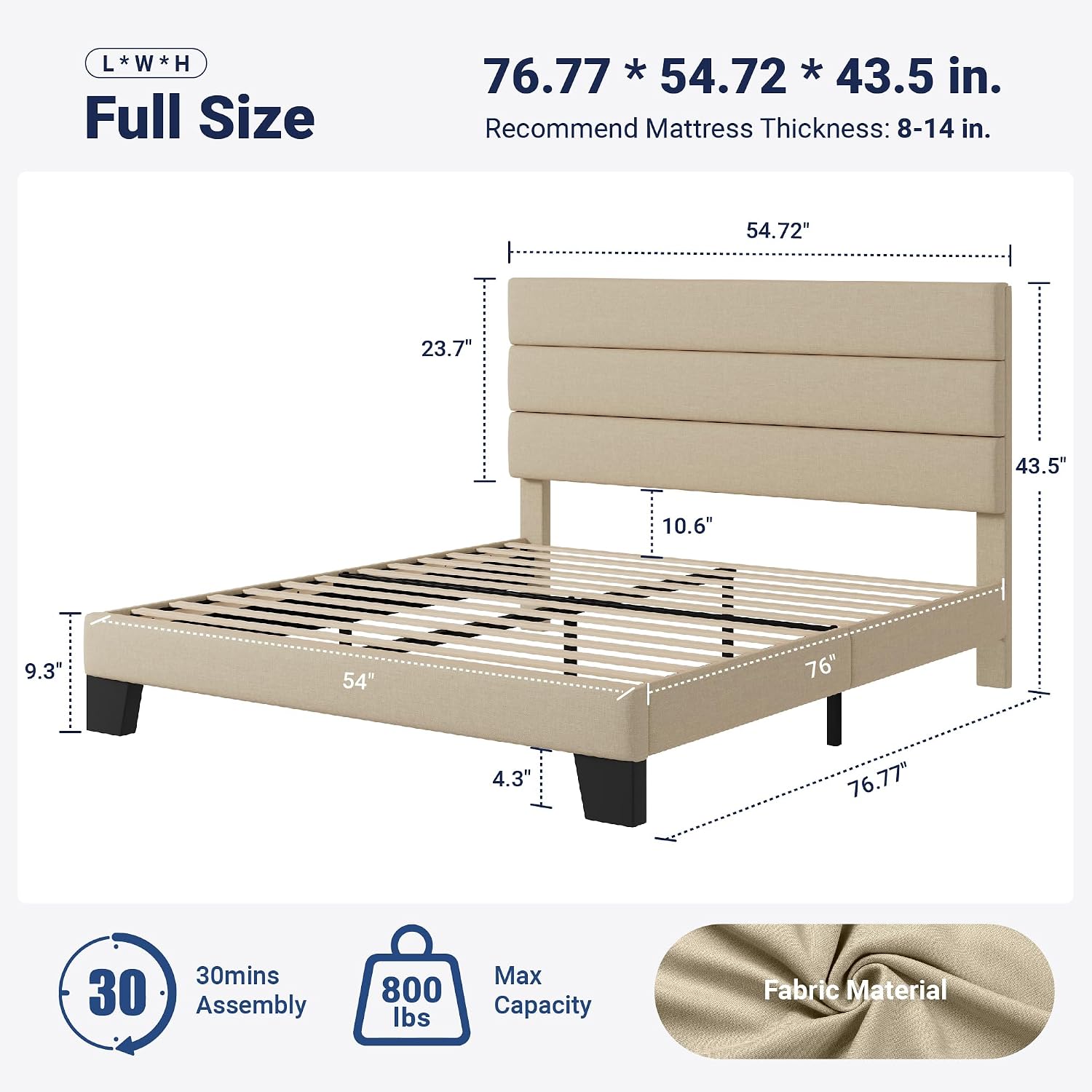 Allewie Full Size Platform Bed Frame with Fabric Upholstered Headboard and Wooden Slats Support, Fully Upholstered Mattress Foundation/No Box Spring Needed/Easy Assembly, Beige