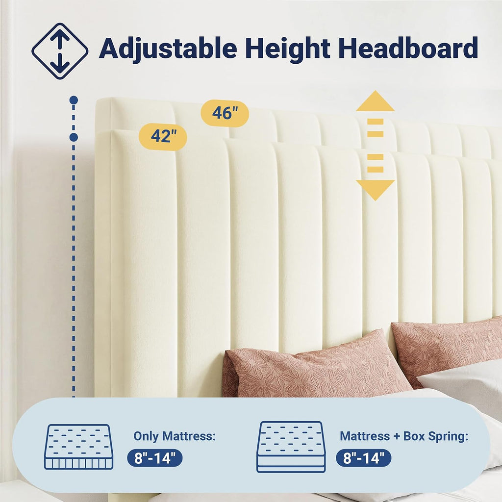 Allewie Queen Size Storage Bed Frame, Vertical Channel Tufted Adjustable Headboard, Velvet Upholstered Platform Bed with 4 Oversized Underbed Drawers, Wooden Slats Support, No Box Spring Needed, Cream