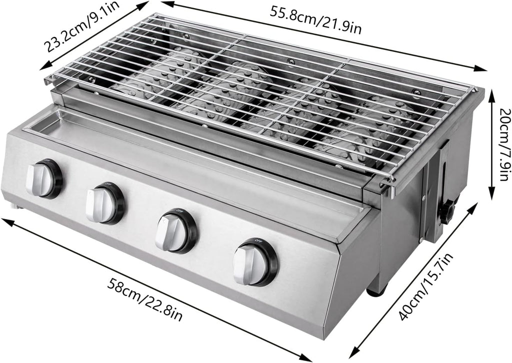 Commercial Gas Grill Smokeless Barbecue Grill, 4-Burner Outdoor & Indoor Barbecue Griddle, Portable Nonstick LPG Gas Yakitori Grill with Removable Grill Net for Restaurant, Picnic, Party