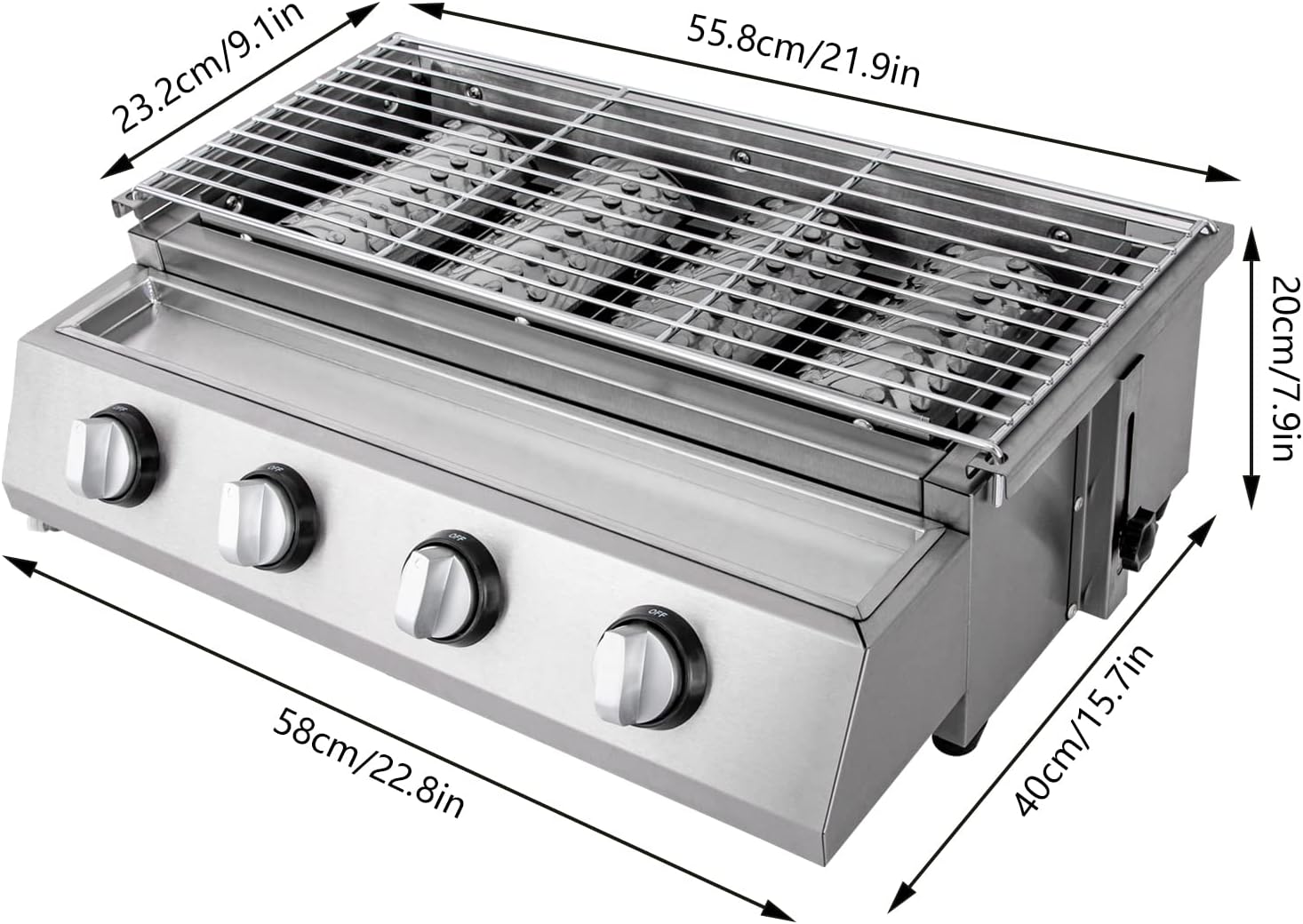 22'' Tabletop Grill Commercial LPG Gas BBQ Grill w/ 4 Burners Portable Gas Barbecues Griddle w/ 4 Independent Switches Gas Grill Griddle for Parties, Backyard barbecue, Camping or Picnicking