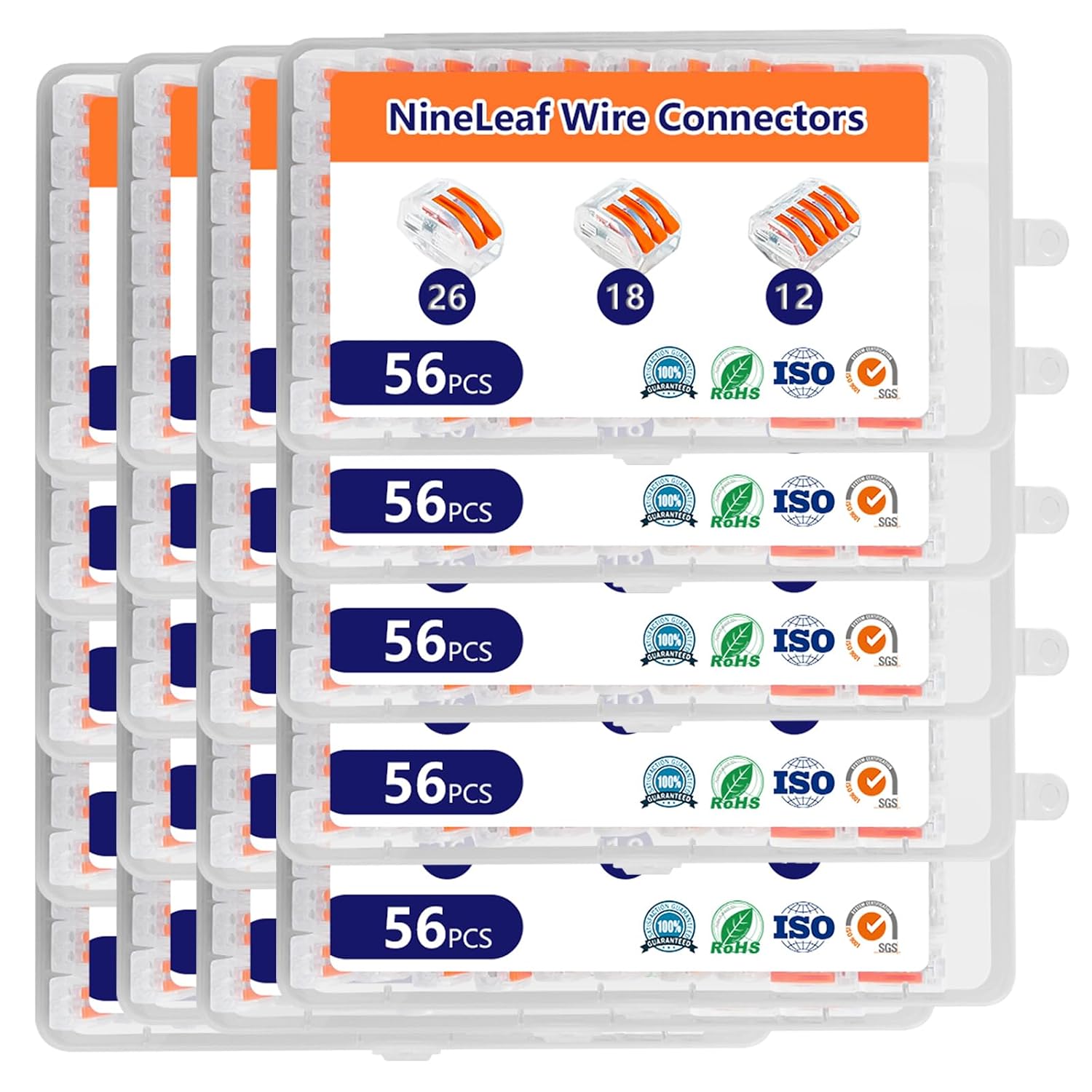 NineLeaf 56 Pcs Transparent Lever Wire Connectors Kit, 2/3/5 Port Electrical Wire Connectors with Test Hole, Push-in Lever Nuts for AWG 28-12, Reusable Quick Splice Connectors with Storage Box,20 Set