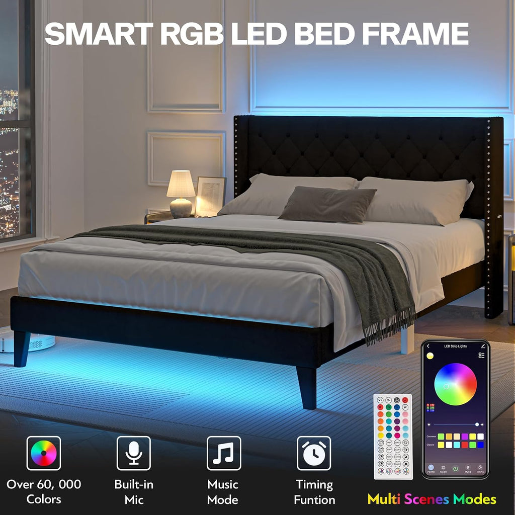 Lihimte Queen Size Bed Frame with Led Lights, Upholstered Velvet Platform Bed Frames with Button Tufted Wingback Headboard and Footboard, Wooden Slats Support, No Box Spring Needed, Black