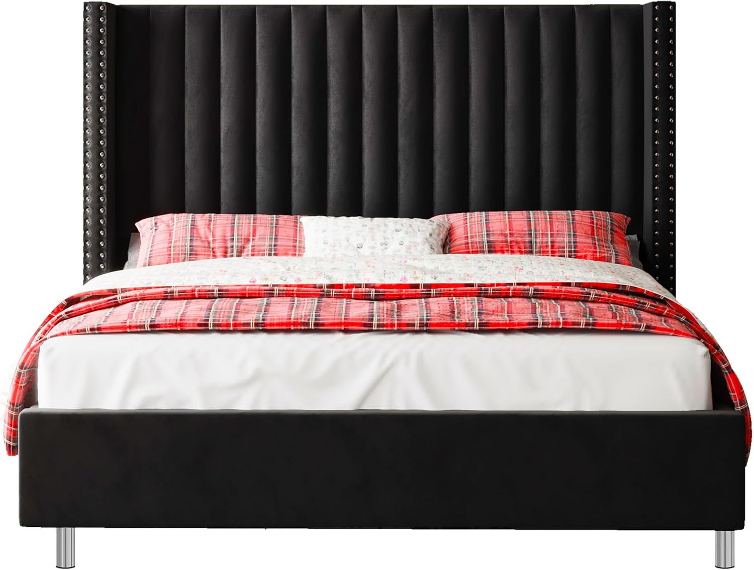 Jocisland King Bed Frame with 49.2' Tall Wingback Headboard,Velvet Upholstered Platform Bed for Cozy Master Bedrooms & Modern Homes,No Box Spring Needed, Easy Assembly, Black