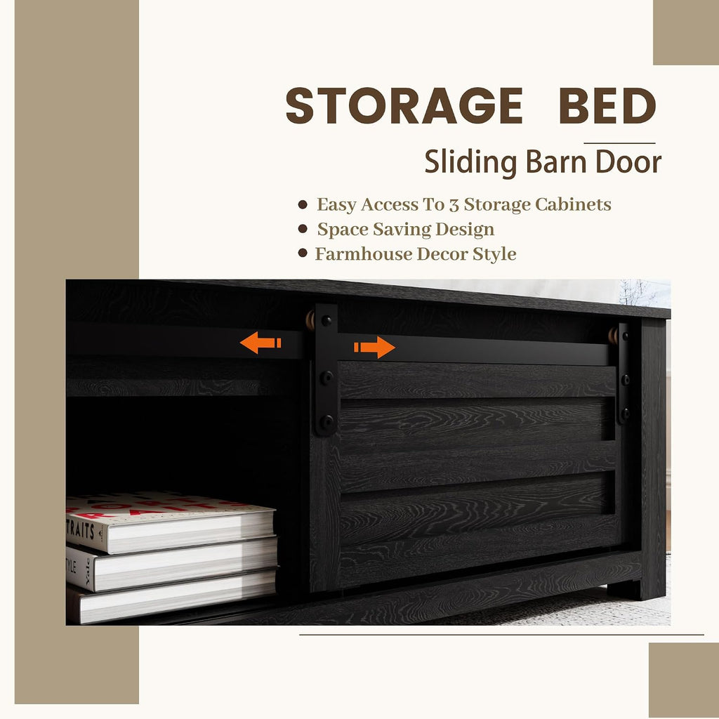 Wooden Queen Size Bed Frame with Headboard, Classic Black Farmhouse Storage Bedframe with Sliding Barn Door Footboard and Charging Station, Wood Slats, No Box Spring Needed