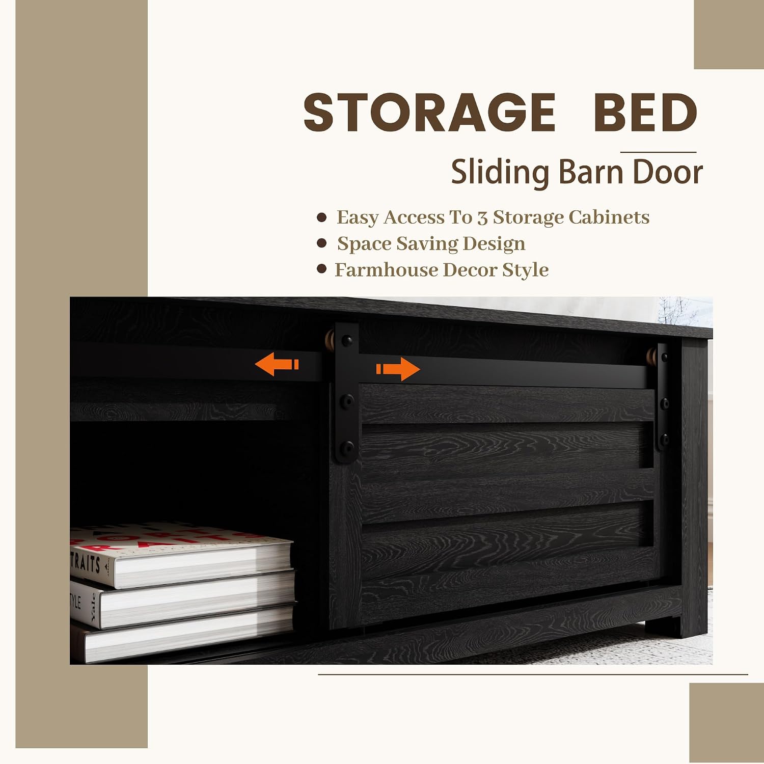 Wooden Queen Size Bed Frame with Headboard, Classic Black Farmhouse Storage Bedframe with Sliding Barn Door Footboard and Charging Station, Wood Slats, No Box Spring Needed