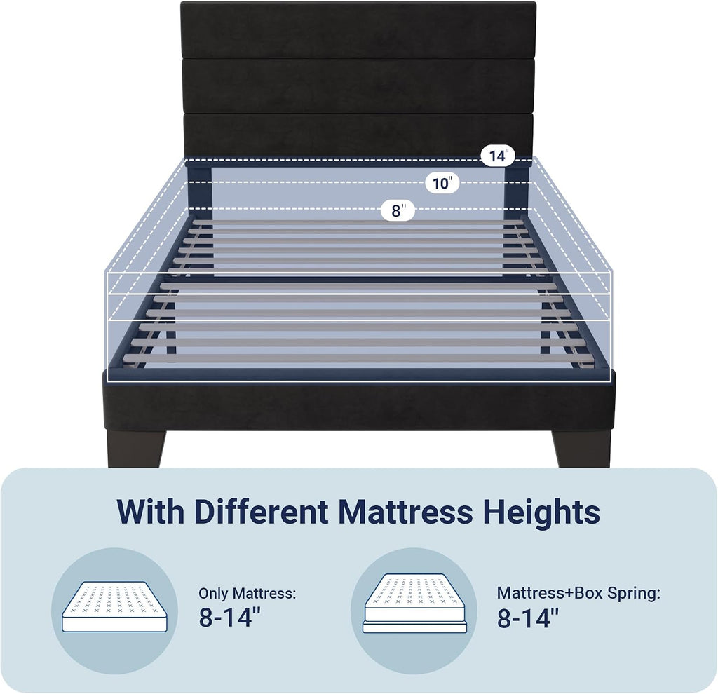 Allewie Twin Size Platform Bed Frame with Velvet Upholstered Headboard and Wooden Slats Support, Fully Upholstered Mattress Foundation/No Box Spring Needed/Easy Assembly, Black