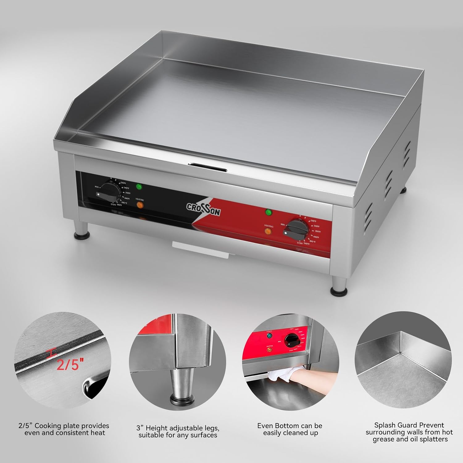 CROSSON ETL Listed 24'*16' Commercial Electric Countertop Griddle,Flat Top Heavy Duty Griddles with Non-Stick 2/5' Thick Iron Cooking Plate for Restaurant use-120V/3500W,Spatula Bonuses