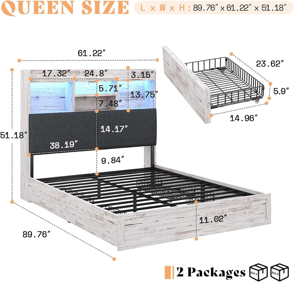 AMERLIFE Queen Size Bed Frame with 51.2' Tall Bookcase Headboard, Farmhouse Platform Bed with 4 Storage Drawers, Linen Upholstered, Charging Station & Storage, Rustic White