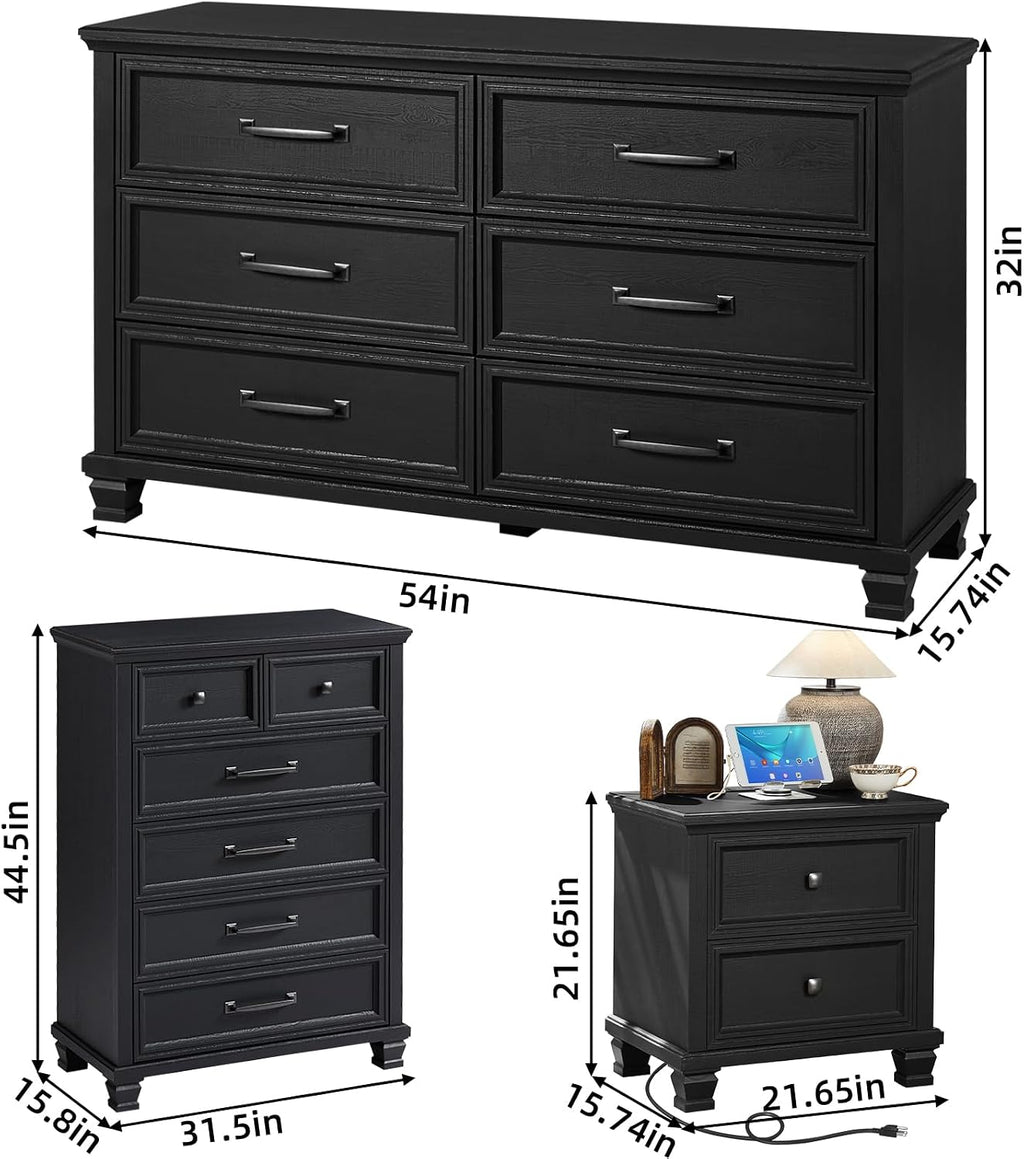 SAVOR LIFE Farmhouse Black Bedroom Sets of 4, Includes 6 Drawer Large Dresser, 2 Drawers Night Stand with Charging Station, Low 6 Chest of Drawers, Wood Rustic Dresser & Nightstand Set for Home