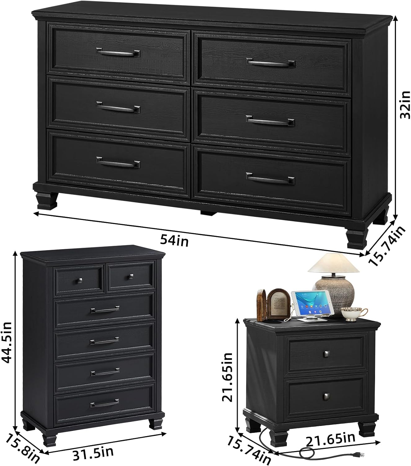 SAVOR LIFE Farmhouse Black Bedroom Sets of 4, Includes 6 Drawer Large Dresser, 2 Drawers Night Stand with Charging Station, Low 6 Chest of Drawers, Wood Rustic Dresser & Nightstand Set for Home