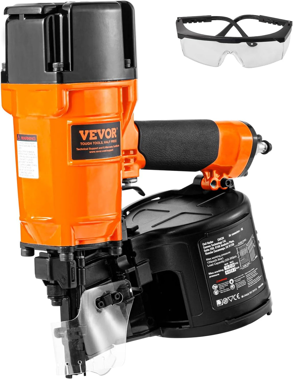 VEVOR Coil Siding/Framing Nailer CN83N, 2' to 3-1/4' 15 Degree Pneumatic Siding Nail Gun with Tool-Less Depth Adjustment, 70-120PSI Air Coil Nailer for Siding Sheathing Wooding Fencing Decking