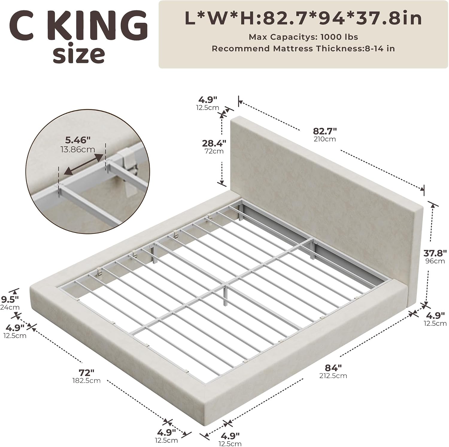 RECCI AirFrame California King Bed Frame with Headboard, Cloud Upholstered Platform Bed Frame, 5 Inch Foam Cushioned, No Box Spring, Easy Assembly(Beige Chenille)
