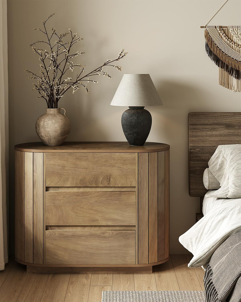 LITTLE TREE Large Nightstand, Oversized Night Stand Set 2, Slatted Side Design Wood Nightstand, 35' Wide End Tables, Modern Dresser with 3 Drawers for Bedroom,Entryway, Oak 2PCS