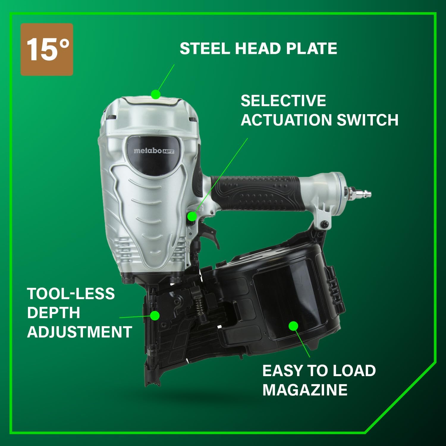 Metabo HPT Coil Framing Nailer, Pro-Preferred Pneumatic Power Nailers in Construction Tools, Versatile Framing Tool for Floor, Truss, and Roof Decking, 15° 1-3/4″ to 3-1/2″ Nails, NV90AG(S)
