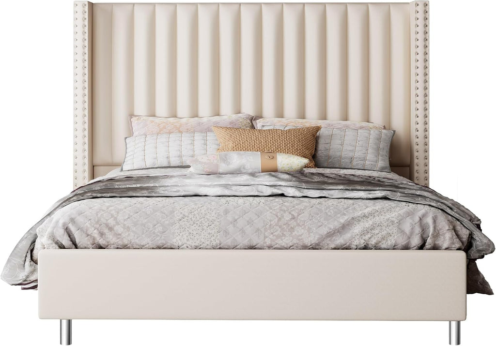 Jocisland Queen Size Upholstered Platform Bed Frame with Tall Wingback Headboard, Velvet Modern Luxury Design, No Box Spring Needed, Easy Assembly, Cream