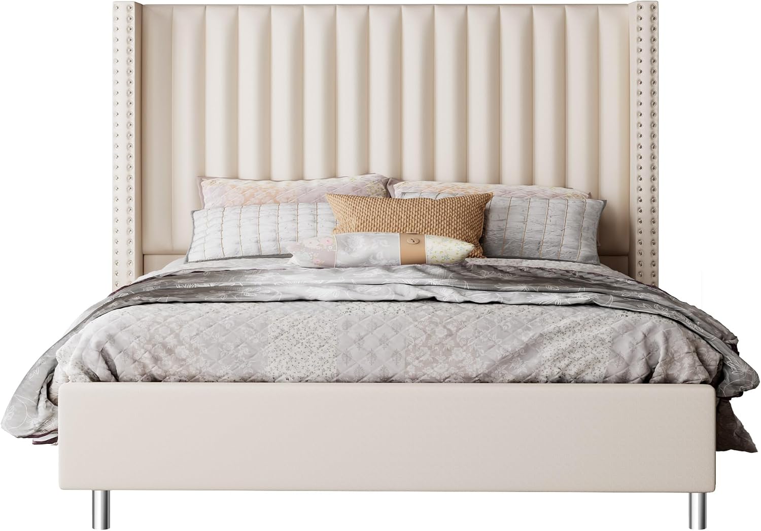 Jocisland Queen Size Upholstered Platform Bed Frame with Tall Wingback Headboard, Velvet Modern Luxury Design, No Box Spring Needed, Easy Assembly, Cream