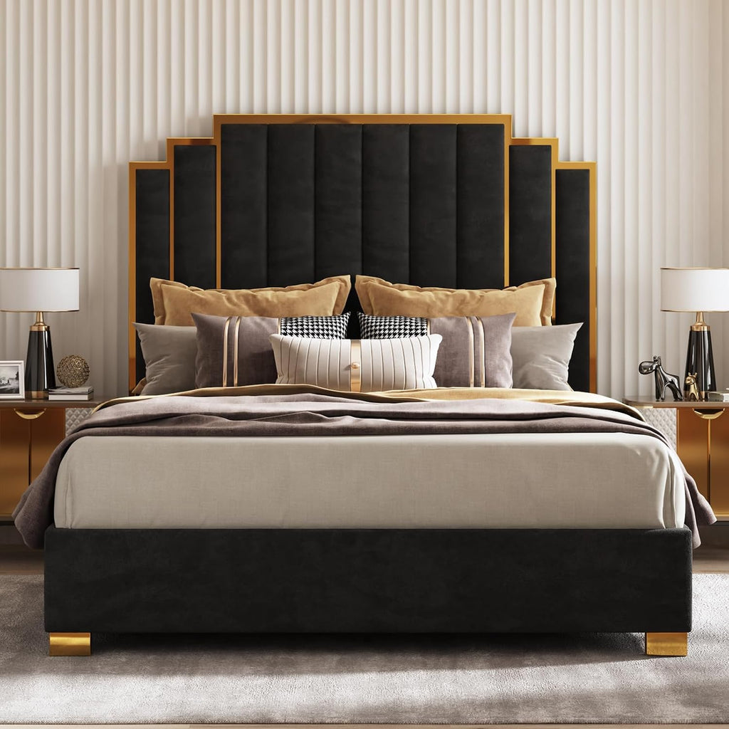 AMERLIFE California King Size Upholstered Bed, Modern Velvet Bed Frame with 65.4' Tall Gold Trim Headboard, No Box Spring Needed, Black