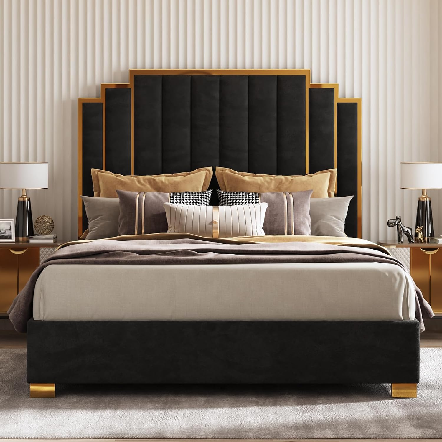 AMERLIFE California King Size Upholstered Bed, Modern Velvet Bed Frame with 65.4' Tall Gold Trim Headboard, No Box Spring Needed, Black