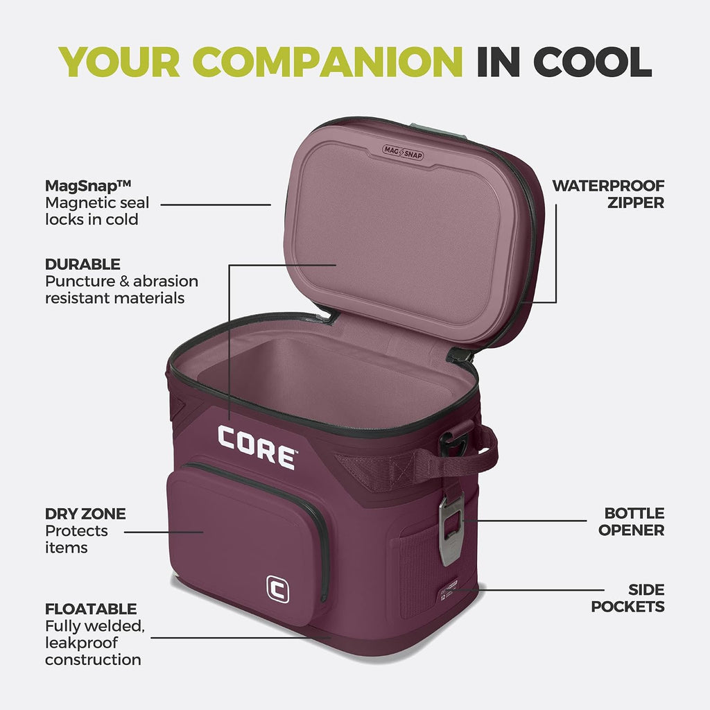 CORE Magnetic Leak Proof Soft Cooler with Waterproof Zipper | Insulated Bag Portable Ice Chest Box | Best Soft Cooler for Food & Beverages for Tailgating, Car Camping, Travel, and Family Beach Picnics