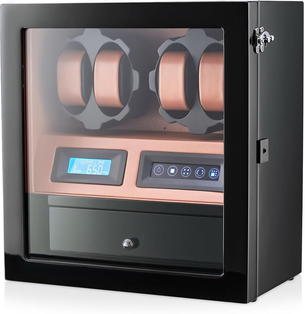 4 Watch Winder with 5 Watch Storage Space, LCD Display, Touch Control and Interior Light