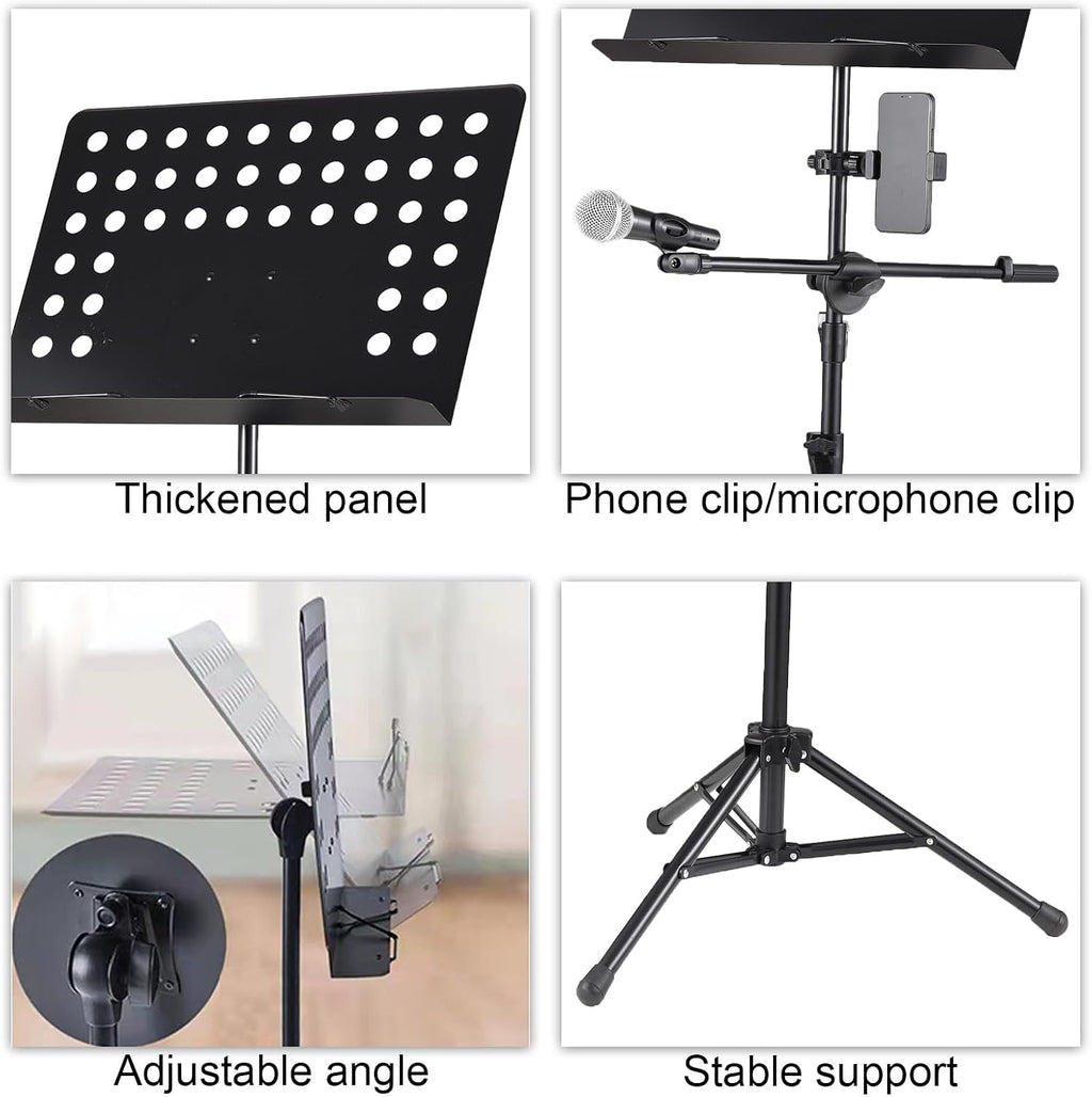 Folding Music Stand Portable Sheet Music Holder With Phone Clip and Microphone Clip for Live Streaming Band Performance