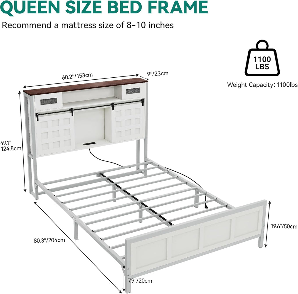 YITAHOME Queen Farmhouse Bed Frame,49.14' Tall Headboard with Storage and Bookcase Led Light & Charging Station, Sliding Barn Door, Wooden Platform Bed Frame, No Box Spring Needed, White